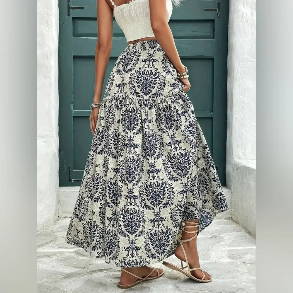 Floral Blue and Cream High Waisted Boho Maxi Skirt New Boutique - Picture 2 of 6